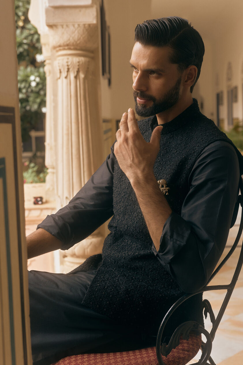 Chaital Embroidered Silk Nehru Jacket - Black, Black, image 3